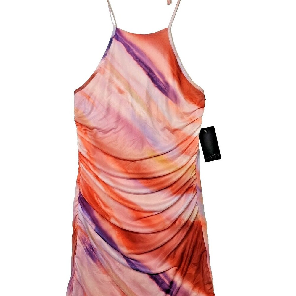 Caution To The Wind Women's Small Tie Dye Midi Halter Ruched Bodycon Mesh Small